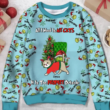 All I Need Is My Cats Personalized Knitted Ugly Sweater - Green Monster Cats Christmas Shirt - Christmas Gift For Cat Lovers