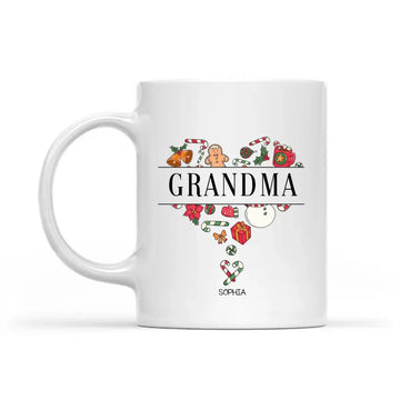 Christmas Heart Personalized Mug, Christmas Gift For Grandma With Custom Kids Name