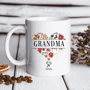 Christmas Heart Personalized Mug, Christmas Gift For Grandma With Custom Kids Name