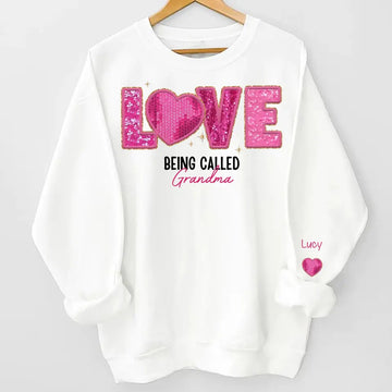 Love Being Called Grandma Pink Sparkling Faux Sequin Personalized Sweatshirt Sleeve Custom