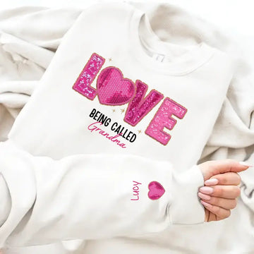 Love Being Called Grandma Pink Sparkling Faux Sequin Personalized Sweatshirt Sleeve Custom