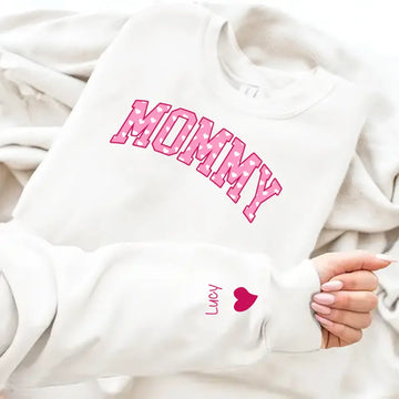 Pink Heart Pattern Personalized Sweatshirt With Custom Design on Sleeve, Gift For Grandma, Mom