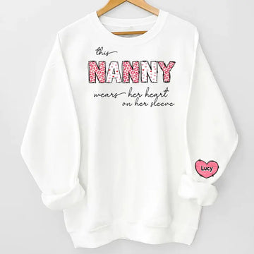 This Nana Wears Her Heart On Her Sleeve Pink Leopard Pattern Personalized Sweatshirt Sleeve Custom - Gift For Mom, Mother's Day