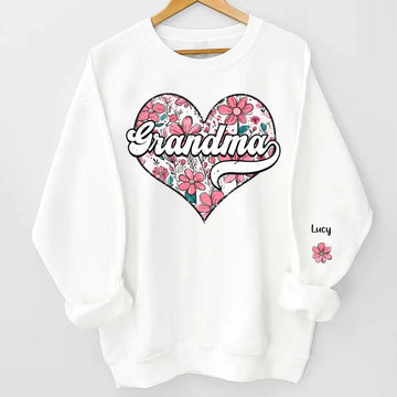 Flower Heart Grandma - Mama Personalized Sweatshirt with Design on Sleeve, Gift Gor Mom, Grandma