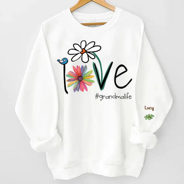 Love Grandma Life Flower Personalized Sweatshirt with Custom Design on Sleeve, GIft For Mom, Grandma