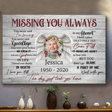 Missing You Always In Loving Memory Photo Canvas Wall Art, Personalized Memorial Gift For Loss Of Mom, Dad, Daughter Son In Loving Memory Sympathy Canvas - Custom Photo Memorial Canvas