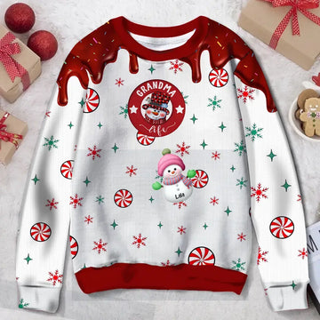 Christmas Grandma Snowman With Kids Personalized 3D Ugly Christmas Sweatshirt