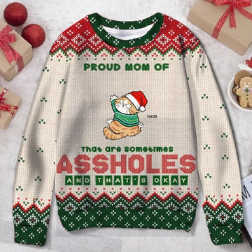 Proud Cat Mom Personalized Knitted Ugly Sweater Naughty Cat Sweater - Christmas Gift for Cat Lover