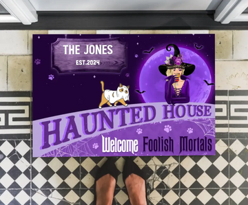 Haunted House Welcome Foolish Mortals Halloween Custom Personalized Witch Cat Doormat, Halloween Gift Idea For Cat Lover