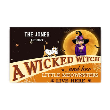 A Wicked Witch And Her Little Meownsters Live Here Custom Personalized Halloween Witch Cats Doormat, Gift Idea For Cat Lover