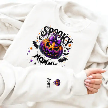 Spooky Grandma Halloween Pumpkin Personalized Sweatshirt With Design On Sleeve - Halloween Gift for Mom, Grandma