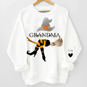 Personalized Grandma Life Witch With Grandkids Halloween Sweatshirt With Design On Sleeve - Halloween Gift For Mom, Grandma