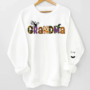 Personalized Halloween Grandma Mom Kids Sweatshirt With Custom Name On Sleeves