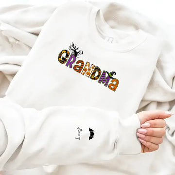 Personalized Halloween Grandma Mom Kids Sweatshirt With Custom Name On Sleeves