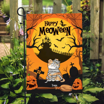 Cat Witch Happy Meoween Personalized Garden Flag, Gift For Cat Lovers, Halloween Gift