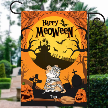 Cat Witch Happy Meoween Personalized Garden Flag, Gift For Cat Lovers, Halloween Gift