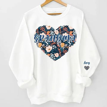 Floral Pattern Heart Grandma - Mom Enter Kid Names On Sleeve Personalized Sweatshirt Gift For Mom, Nana