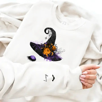 Personalized Halloween Grandma Witch Hat Sweatshirt With Design On Sleeve, Gift for Grandma, Mom