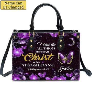 I Can Do All Things Through Christ Personalized Purple Leather Handbag, Custom Name Leather Bag, Gift For Her, Mom, Grandma