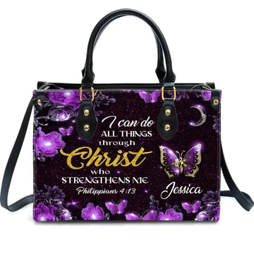 I Can Do All Things Through Christ Personalized Purple Leather Handbag, Custom Name Leather Bag, Gift For Her, Mom, Grandma