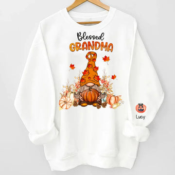 Halloween Gnome Pumpkin Grandma Personalized Sweatshirt With Design on Sleeve, Gift For Grandma, Mom