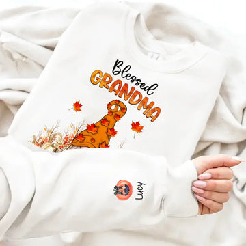 Halloween Gnome Pumpkin Grandma Personalized Sweatshirt With Design on Sleeve, Gift For Grandma, Mom