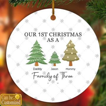 First Christmas As A Family Of Three, Personalized Circle Ceramic Ornament, Newborn Gift