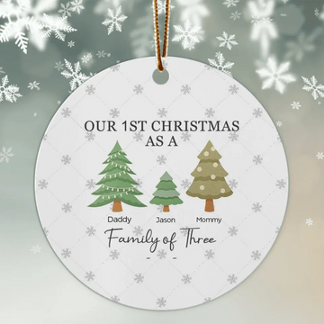 First Christmas As A Family Of Three, Personalized Circle Ceramic Ornament, Newborn Gift