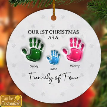 First Christmas As A Family Of Four Handprints - 3D Inflated Effect Printed Personalized Ceramic Ornament, Newborn Gift