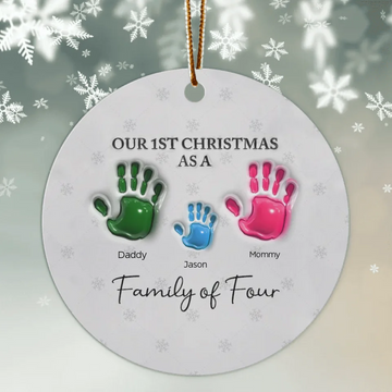 First Christmas As A Family Of Four Handprints - 3D Inflated Effect Printed Personalized Ceramic Ornament, Newborn Gift