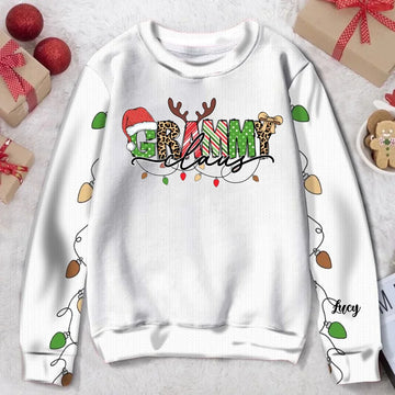 Grandma Claus Custom Name Christmas Light, Personalized Sweatshirt with Custom Name on Sleeve