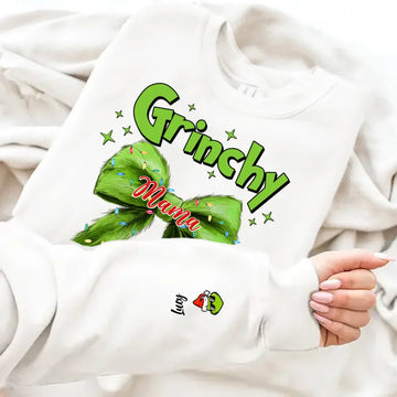 Green Monster Personalized Christmas Sweatshirt with Design on Sleeve, Gift For Mom, Grandma