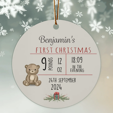 Baby’s First Christmas Animal, PersonalizedCircle Ornament, Gift for Newborn, New Mom, New Dad