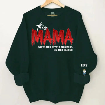 This Mama Loves Her Little Horrors on Her Sleeve, Halloween Scary Family Custome Personalized Sweatshirt with Design on Sleeve, Gift For Mom, Grandma