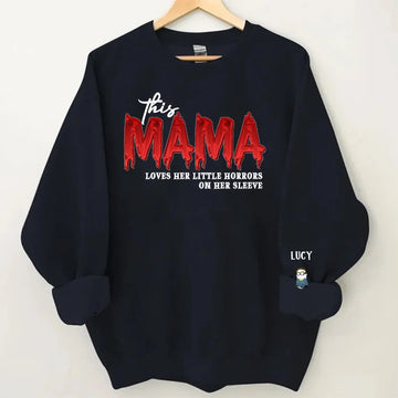 This Mama Loves Her Little Horrors on Her Sleeve, Halloween Scary Family Custome Personalized Sweatshirt with Design on Sleeve, Gift For Mom, Grandma