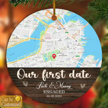 Our First Date Personalized Map Ceramic Ornament, Couples First Christmas Ornament, Christmas Decorations For Couples