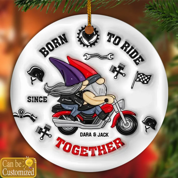 Happy Gnome Couple Riding Motorcycle, Personalized Ornament, Gift For Biker Couple