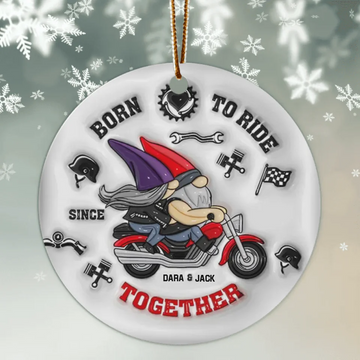 Happy Gnome Couple Riding Motorcycle, Personalized Ornament, Gift For Biker Couple