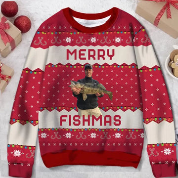 Custom Photo Merry Fishmas, Personalized Christmas Ugly Sweater - Gift For Fishing Lovers