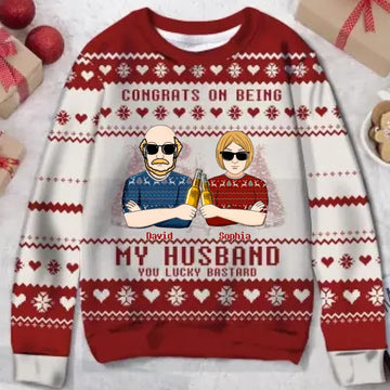 Congrats On Being My Husband Christmas Led Light Personalized Ugly Sweater, Gift for Couple