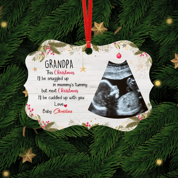 This Christmas I’ll Be Snuggled Up In Mommy’s Tummy, Custom Photo Personalized Aluminium Ornament, Gift For Daddy-To-Be, Grandma, Grandpa