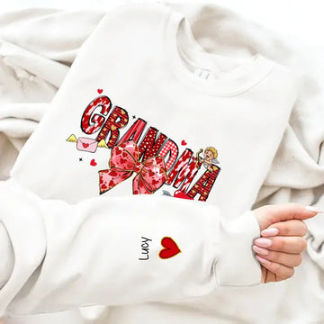 Personalized Coquette Sweashirt Gift For Gigi Mimi Nana Mom - Custom Kid Names On Sleeve - Valentine’s Day Gifts