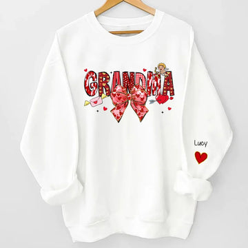 Personalized Coquette Sweashirt Gift For Gigi Mimi Nana Mom - Custom Kid Names On Sleeve - Valentine’s Day Gifts