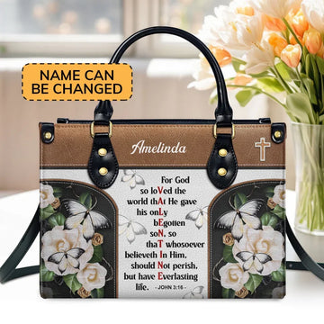 Personalized Leather Handbag - Christian Valentine's Day Ideas - John 3:16 - For God So Loved The World - Bible Verse Spiritual Gifts