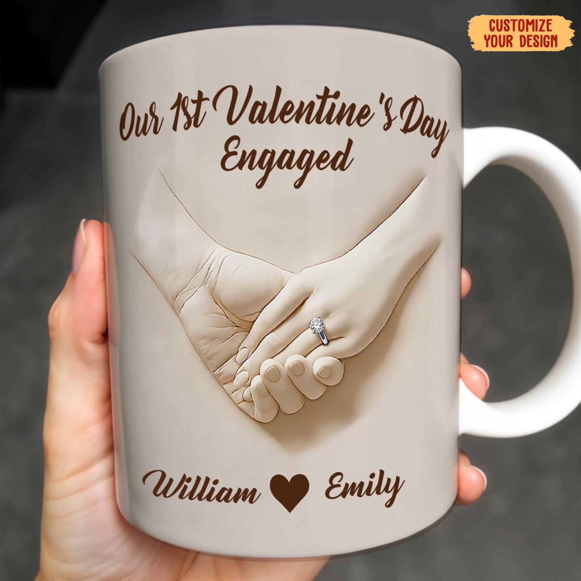 Our First Valentine’s Day Together, Hands Holding With Ring, Personalized Custom Coffee Mug, Gift for Engaged Couples