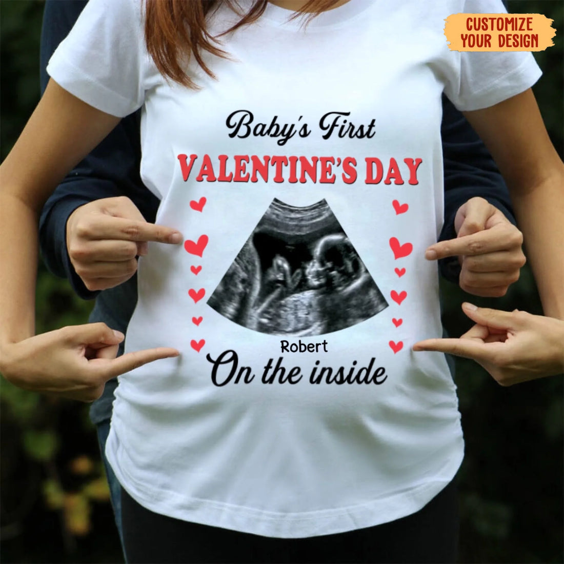 Personalized Baby’s First Valentine’s Day on the inside Custom Photo T Shirt, Gift for New Mom