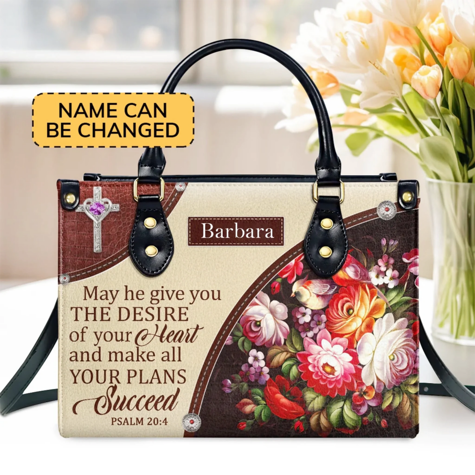 Awesome Personalized Flower Leather Handbag - May He Make All Your Plans Succeed