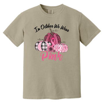 In October We Wear Pink Pumpkin Breast Cancer Awareness T-Shirt Comfort Colors Heavyweight T-Shirt