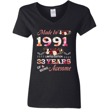 Made In 1991 Limited Edition 33 Years Of Being Awesome Floral Shirt - 33rd Birthday Gifts Women Unisex T-Shirt Women's V-Neck T-Shirt