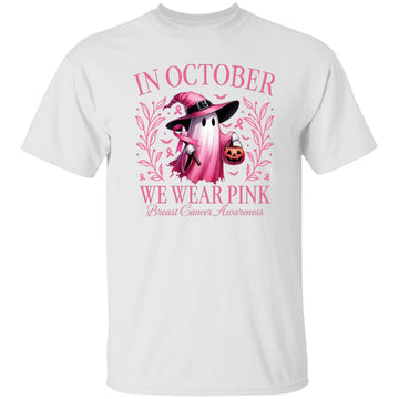 In October We Wear Pink Ghost Halloween Breast Cancer Awareness Shirt - Halloween Pink Boo Shirts